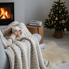 Obraz premium Person with Drink in Chair by Fireplace and Christmas Tree