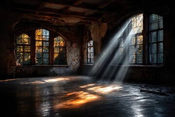 Sunbeams illuminate a decaying room's wooden floor and arched windows
