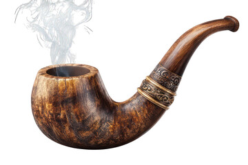 wooden pirate smoking pipe with faint smoke, isolated on white background