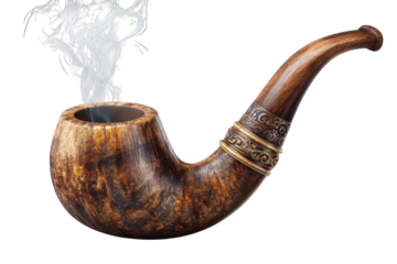 wooden pirate smoking pipe with faint smoke, isolated on white background