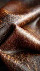 Deep brown leather texture, richly textured, showing folds and creases
