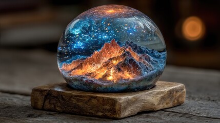 Illuminated resin sphere on wood base, depicting a mountain range at night