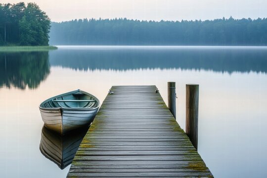 Fototapeta Boat docked at wooden pier on lake