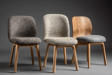 Three modern chairs with fabric and wood seats