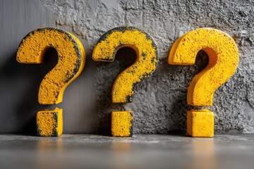 Three weathered yellow question marks against a textured gray background