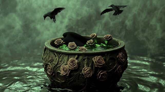 Dark, ornate cauldron with roses and flying birds in misty setting