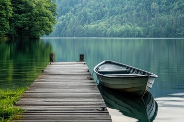 Naklejka premium Wooden pier with boat on tranquil water