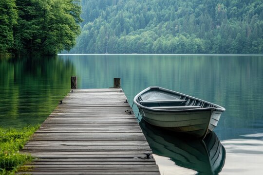 Fototapeta Wooden pier with boat on tranquil water