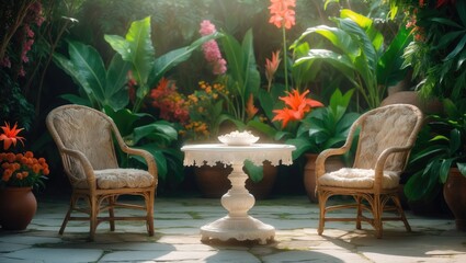 Obraz premium A garden setting with lush green plants, colorful flowers, two chairs, and a small white table in the center.