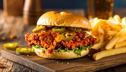 Crispy fried chicken sandwich with jalapenos and fries