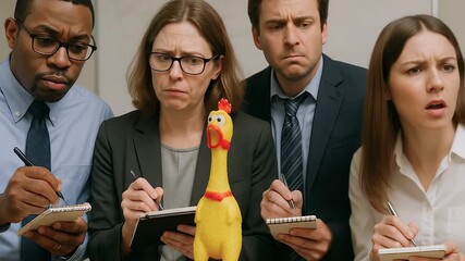 Office brainstorm with a silly rubber chicken. Office brainstorm sparks ideas, office brainstorm breaks stress, office brainstorm keeps laughter alive. Concept of creative teamwork.