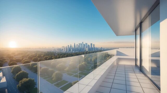 Modern apartment balcony with glass railing overlooking green city park and distant skyline during sunrise with bright clear sky view