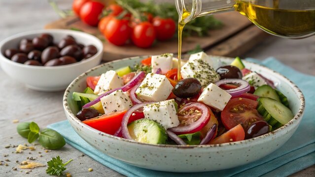 Vibrant greek salad with ripe tomatoes, cucumbers, and olives drizzled with olive oil on a rustic wooden table - Powered by Adobe