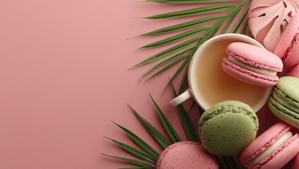 Pastel-colored macarons and teacup on a pink background with tropical leaves