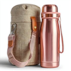 Insulated water bottle in rose gold, housed in a beige canvas bag