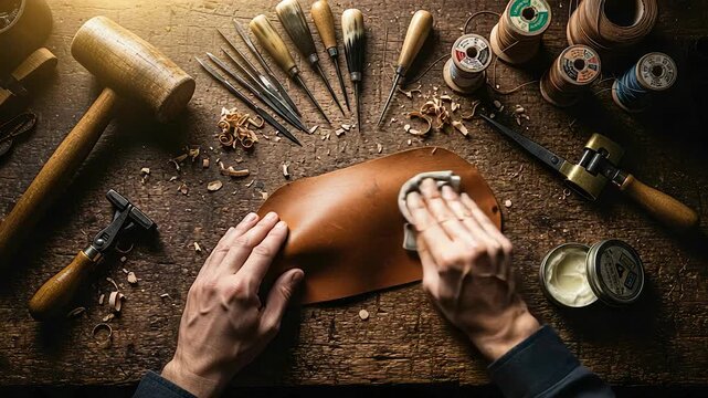 Hands polish leather on workbench. Leather artisan buffs edges, leather artisan treats wax, leather artisan prepares stitch lines. Concept of handmade craftsmanship.