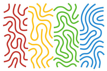 Colorful abstract waves in vertical rainbow sections on white background. Minimalist wavy line art in red, orange, yellow, green, and blue.  
