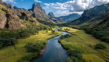 Obraz premium Lush valley, river winding through