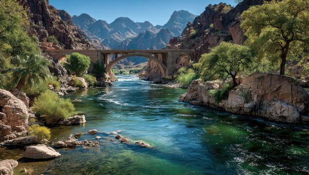 Rocky river canyon with arch bridge