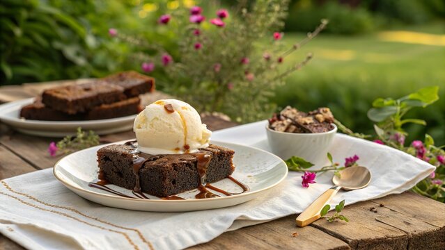Warm brownies drizzled with chocolate sauce and served with vanilla ice cream in a garden setting
