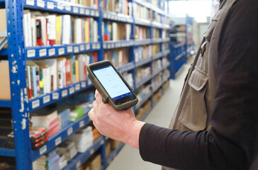 logistic warehouse. packing line in a logistics warehouse. conveyor belt in a modern production line