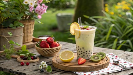 Refreshing bubble tea garnished with fruit in a tranquil garden setting on a sunny day