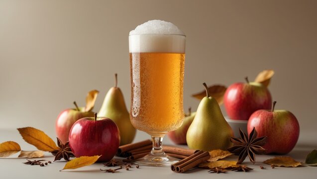A glass of beer surrounded by apples, pears, cinnamon sticks, and star anise on a neutral background. - Powered by Adobe