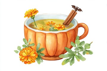 Cozy Halloween Wellness: Pumpkin-Shaped Teacup with Herbal Tea, Calendula Petals, Cinnamon Sticks, Bat Stirrer Watercolor Illustration on White Background
