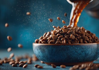 Coffee beans in bowl, pouring coffee