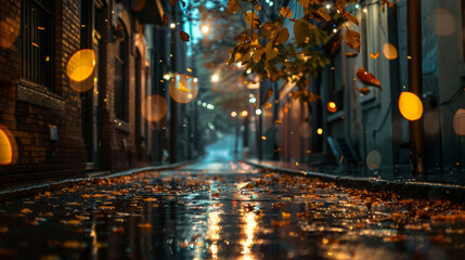Rainy urban alley with fall leaves and glowing ligh