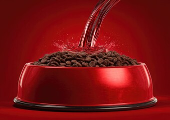 Red dog bowl filled with kibble, liquid pouring in, splashing