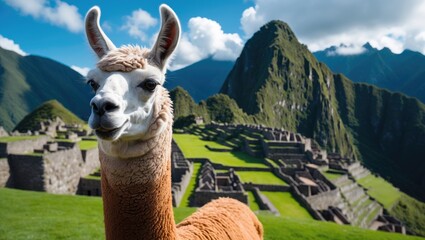 Fototapeta premium A llama in front of Machu Picchu with mountains and clouds in the background.