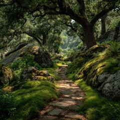 Obraz premium Sunlit path through a mossy, rocky woodland