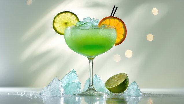 Colorful cocktail in a glass with lime and orange slices, surrounded by ice, on a reflective surface with soft bokeh background.
