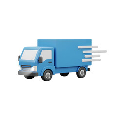 A stylized blue delivery truck with motion lines, symbolizing fast shipping and logistics, isolated on a transparent background