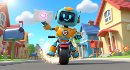 Adorable robot delivering heartfelt love letter on motorcycle through charming neighborhood on Valentine's Day, perfect for heartwarming greeting cards and social media campaigns