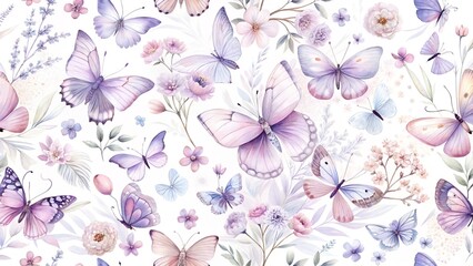 A delicate watercolor pattern of purple and pink butterflies fluttering among soft pastel flowers