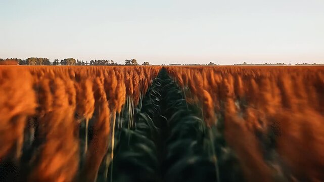 Golden hour sorghum field vibrant orange crops under soft light