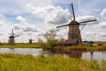 Fototapeta premium Row of traditional Dutch windmills along a canal on a cloudy day