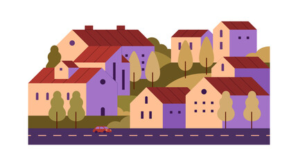 Suburban landscape with houses, road at sunrise light. Geometric cityscape with buildings, townhouses. Suburb, morning city district, town street. Flat isolated vector illustration on white background