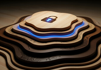 Innovative technology concept featuring a secure digital padlock icon embedded within a layered wooden landscape, symbolizing data protection and cybersecurity solutions