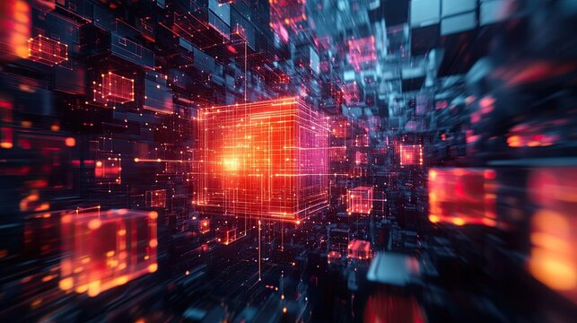 Futuristic glowing red digital cubes floating in cyberspace, representing blockchain technology, artificial intelligence, big data, cloud computing, and digital transformation in a virtual network env