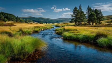 Sunny glen, stream winds through meadow