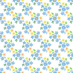 Seamless pattern minimalist repeating background with blue flowers. Fabric wallpaper print texture. Perfectly for backdrop, wrapped paper, linen.