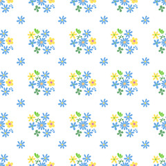 Seamless pattern minimalist repeating background with blue flowers. Fabric wallpaper print texture. Perfectly for backdrop, wrapped paper, linen.