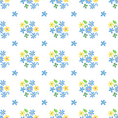 Seamless pattern minimalist repeating background with blue flowers. Fabric wallpaper print texture. Perfectly for backdrop, wrapped paper, linen.