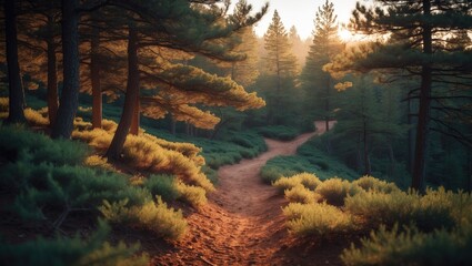 A forest trail winding through trees and shrubs at sunset.