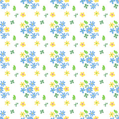 Seamless pattern minimalist repeating background with blue flowers. Fabric wallpaper print texture. Perfectly for backdrop, wrapped paper, linen.