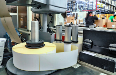 logistic warehouse. packing line in a logistics warehouse. conveyor belt in a modern production line