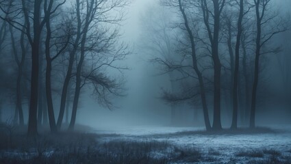 A misty forest scene with tall trees and a foggy atmosphere. Nature and landscape, tranquility, and mystery. The concept of wilderness and atmospheric scenery.